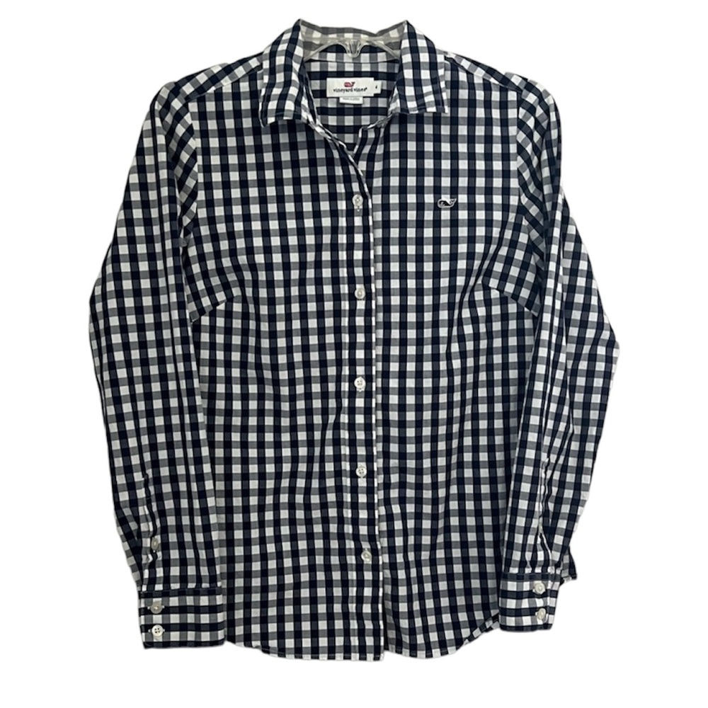 Vineyard Vines Navy Blue and White Gingham Check Fitted Button Down